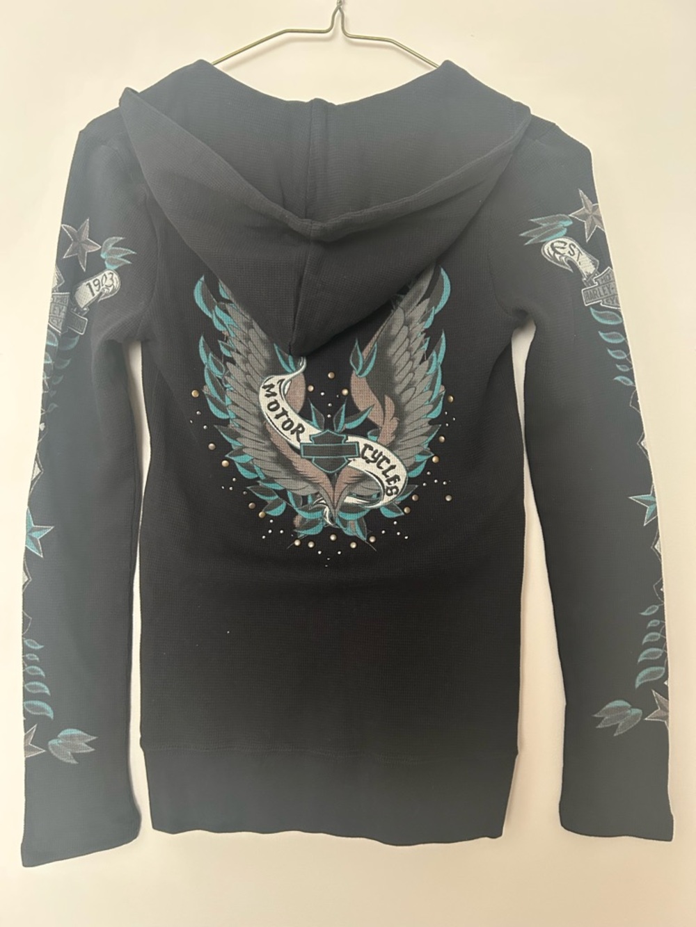Harley-Davidson Black Hoodie with Teal and Gray Wing Graphic